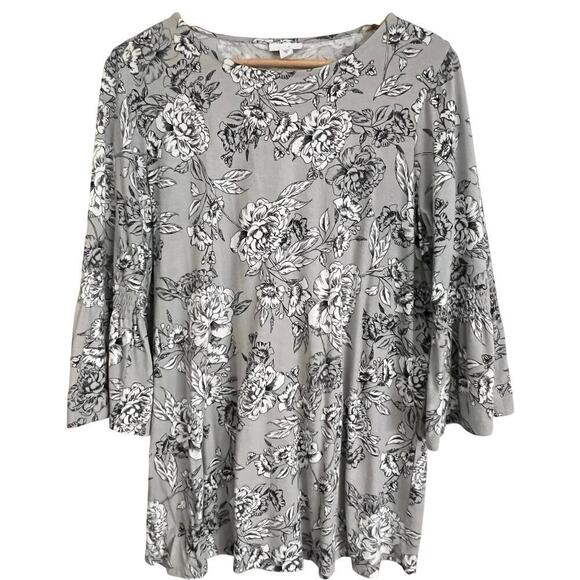 J. JILL Smocked Sleeve With Ruffle Tunic Top Women’s Sz. M Gray & White Floral - Picture 1 of 7